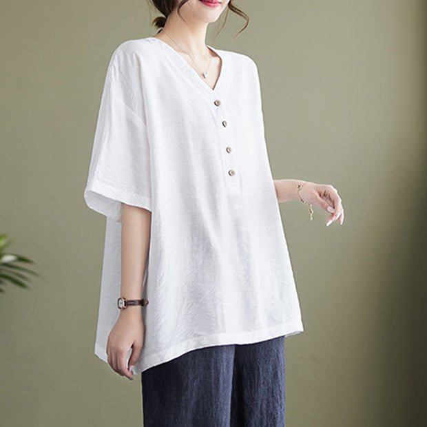 Buddha Stones Casual Plain Women's V-Neck Design Half Sleeve Viscose Shirt