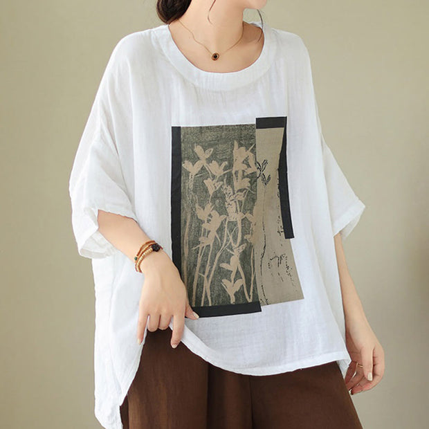 Buddha Stones Casual Flower Prints Women's Crew Neck Design Half Sleeve Cotton Spandex T-shirt