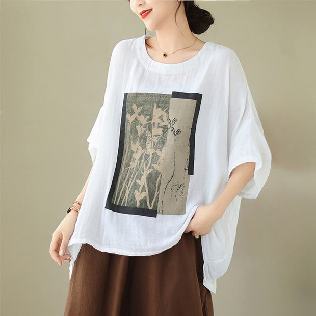 Buddha Stones Casual Flower Prints Women's Crew Neck Design Half Sleeve Cotton Spandex T-shirt