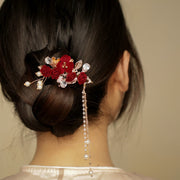 Buddha Stones Retro Chinese Style Red Camellia Flower Tassel Side Hair Clip