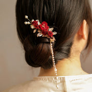 Buddha Stones Retro Chinese Style Red Camellia Flower Tassel Side Hair Clip