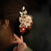 Buddha Stones Classical Chinese Style Red Flower Butterfly Pearl Hair Clip