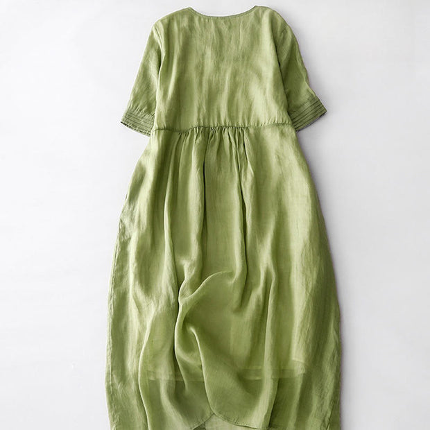 Buddha Stones Casual Accordion Pleat Plain V-neck Short Sleeve Cotton Midi Dress With Pockets
