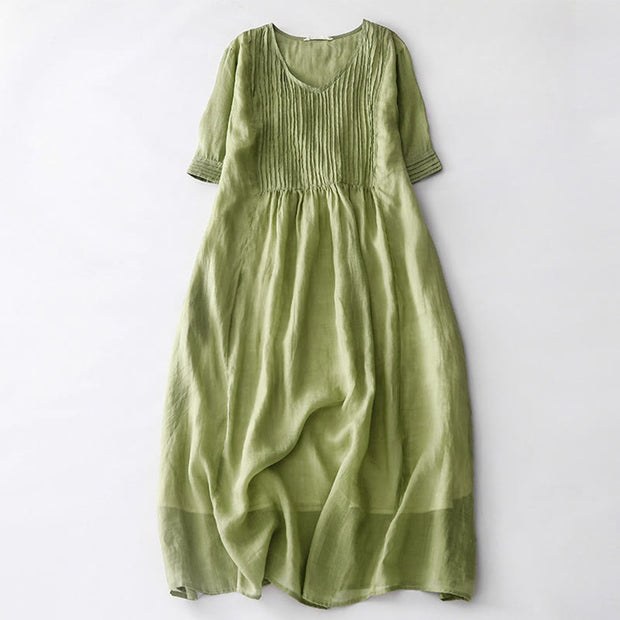 Buddha Stones Casual Accordion Pleat Plain V-neck Short Sleeve Cotton Midi Dress With Pockets