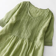 Buddha Stones Casual Accordion Pleat Plain V-neck Short Sleeve Cotton Midi Dress With Pockets
