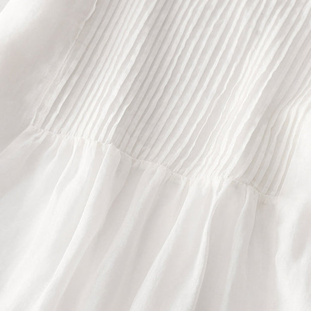 Buddha Stones Casual Accordion Pleat Plain V-neck Short Sleeve Cotton Midi Dress With Pockets