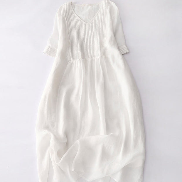 Buddha Stones Casual Accordion Pleat Plain V-neck Short Sleeve Cotton Midi Dress With Pockets