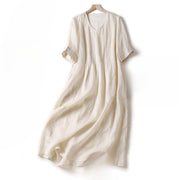 Buddha Stones Casual Accordion Pleat Plain V-neck Short Sleeve Cotton Midi Dress With Pockets