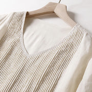 Buddha Stones Casual Accordion Pleat Plain V-neck Short Sleeve Cotton Midi Dress With Pockets