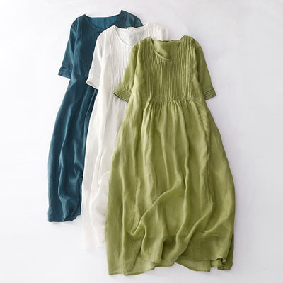 Buddha Stones Casual Accordion Pleat Plain V-neck Short Sleeve Cotton Midi Dress With Pockets