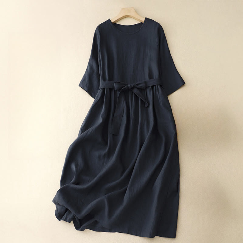 Buddha Stones Casual Plain Crew Neck Lace-up Half Sleeve Midi Dress With Pockets, SkyBlue / US6,UK/AU10,EU38 (XL)