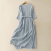 Buddha Stones Casual Plain Crew Neck Lace-up Half Sleeve Cotton Linen Midi Dress With Pockets