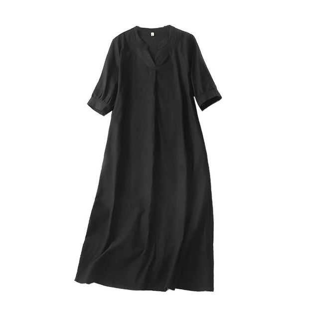 Buddha Stones Casual Plain V-neck Loose Half Sleeve Design Cotton Linen Midi Dress With Pockets