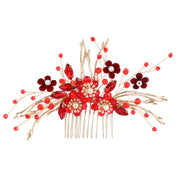 Buddha Stones Chinese Wedding Golden Red Flower Branche Hair Comb