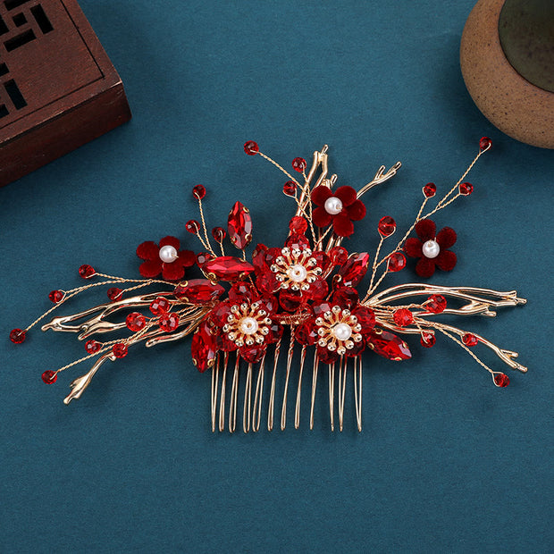 Buddha Stones Chinese Wedding Golden Red Flower Branche Hair Comb