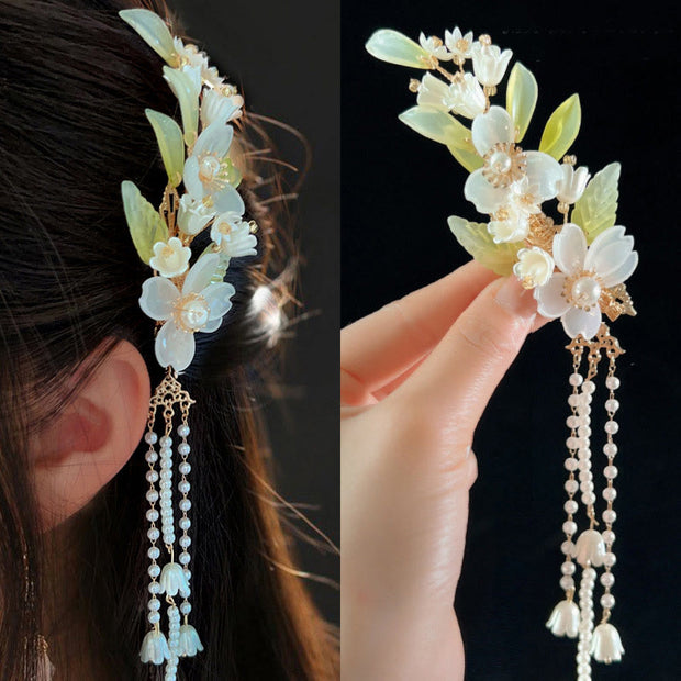 Buddha Stones Chinese Ancient Style Flower Pearl Rabbit Tassel Hair Clip