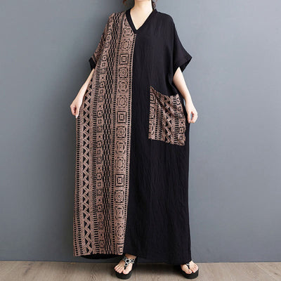 Buddha Stones Casual Loose Printing Dyeing Cotton Linen V-neck Half Sleeve Design Midi Dress With Pockets