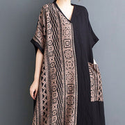 Buddha Stones Casual Loose Printing Dyeing Cotton Linen V-neck Half Sleeve Design Midi Dress With Pockets