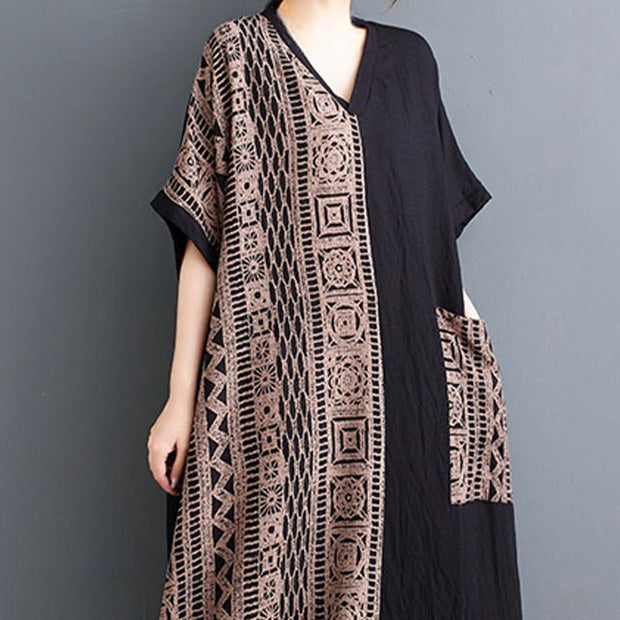 Buddha Stones Casual Loose Printing Dyeing Cotton Linen V-neck Half Sleeve Design Midi Dress With Pockets