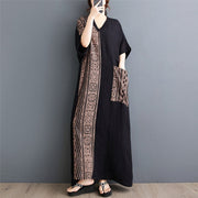 Buddha Stones Casual Loose Printing Dyeing Cotton Linen V-neck Half Sleeve Design Midi Dress With Pockets