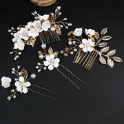 Buddha Stones 4Pcs Handmade Wedding Golden Leaf Flower Pearl Hairpin Hair Comb Set