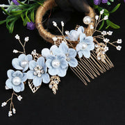 Buddha Stones 4Pcs Handmade Wedding Golden Leaf Flower Pearl Hairpin Hair Comb Set