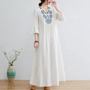 Buddha Stones Casual Embroidered Flower Pattern V-neck Three Quarter Sleeve Design Cotton Linen Midi Dress