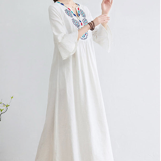 Buddha Stones Casual Embroidered Flower Pattern V-neck Three Quarter Sleeve Design Cotton Linen Midi Dress