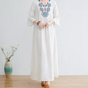 Buddha Stones Casual Embroidered Flower Pattern V-neck Three Quarter Sleeve Design Cotton Linen Midi Dress