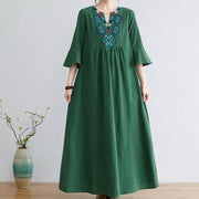 Buddha Stones Casual Embroidered Flower Pattern V-neck Three Quarter Sleeve Design Cotton Linen Midi Dress