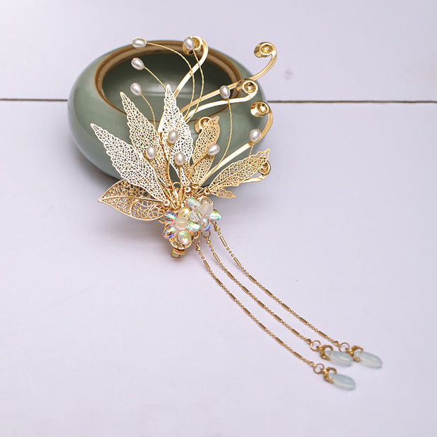 Buddha Stones Traditional Chinese Golden Leaf Flower Tassel Hair Clip