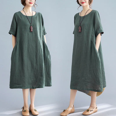 Buddha Stones Casual Loose Solid Color Cotton Linen Crew Neck Half Sleeve Design Midi Dress With Pockets