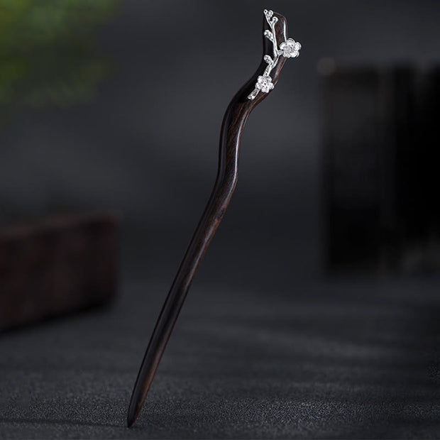 Buddha Stones 925 Sterling Silver Classcial Chinese Style Ebony Plum Blossom Blessing Hairpin