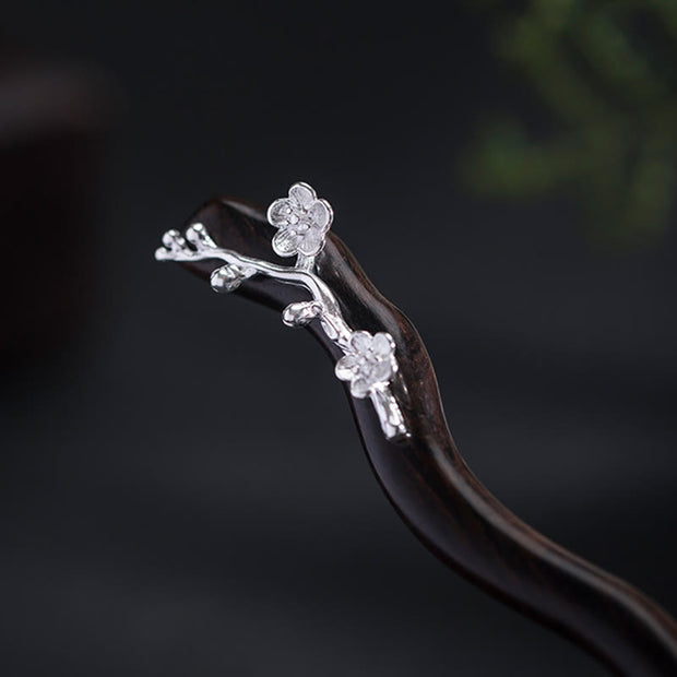 Buddha Stones 925 Sterling Silver Classical Chinese Style Ebony Plum Blossom Blessing Hairpin