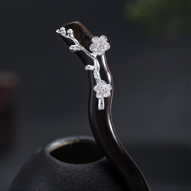 Buddha Stones 925 Sterling Silver Classcial Chinese Style Ebony Plum Blossom Blessing Hairpin