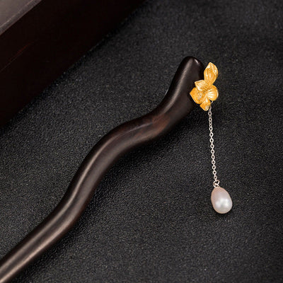 Buddha Stones 925 Sterling Silver Classical Chinese Style Ebony Lotus Flower Pearl Tassel Blessing Hairpin