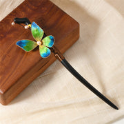 Buddha Stones Intangible Cultural Heritage Craft Ebony Wood Silk Flower Butterfly Pearl Blessing Hairpin