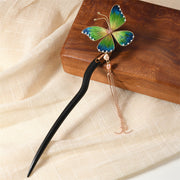 Buddha Stones Intangible Cultural Heritage Craft Ebony Wood Silk Flower Butterfly Pearl Blessing Hairpin