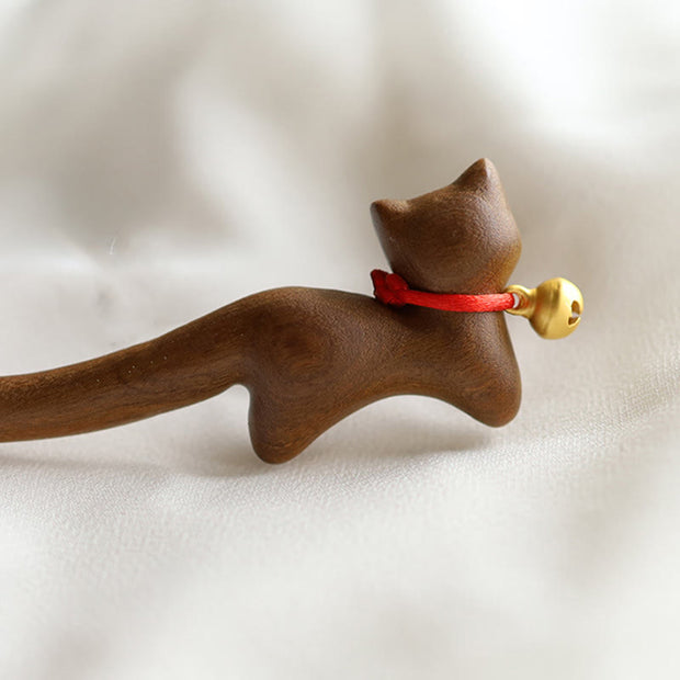 Buddha Stones Classical Chinese Style Cat-shaped Sandalwood Hairpin