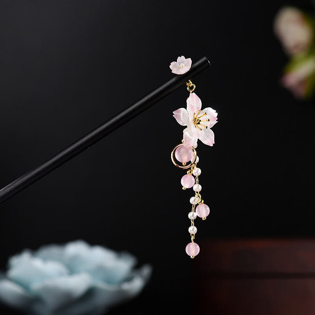 Buddha Stones Artistic Style Pear Blossom Tassel Wood Hairpin