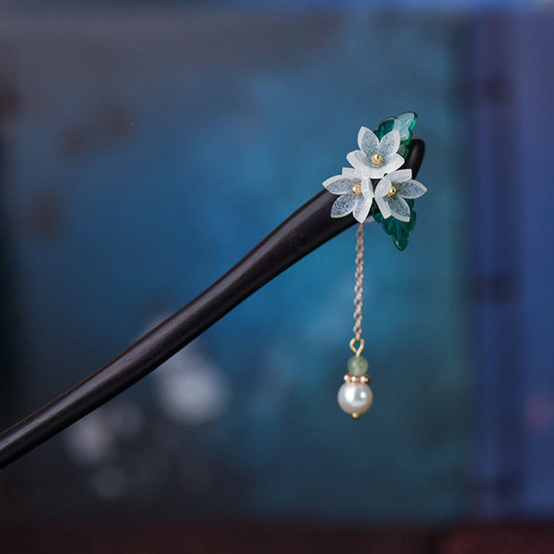 Buddha Stones Lily Of The Valley Pearl Tassel Wood Hairpin