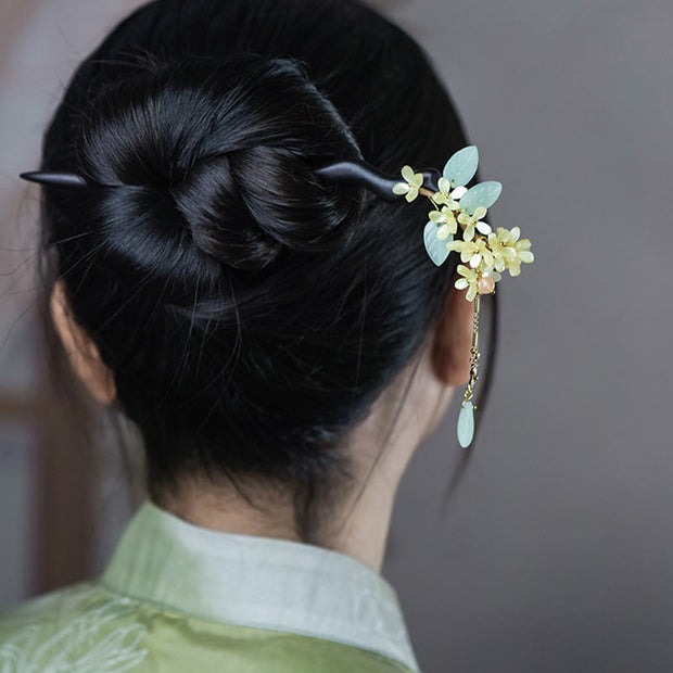 Buddha Stones Natural Ebony Wood Osmanthus Tassel Balance Hairpin