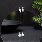 Buddha Stones 925 Sterling Silver Zircon Pearl Bamboo Leaves Protection Drop Earrings