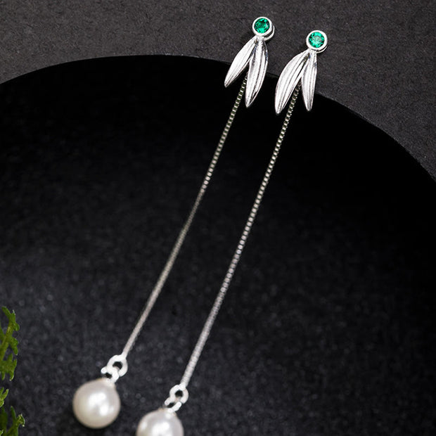 Buddha Stones 925 Sterling Silver Zircon Pearl Bamboo Leaves Protection Drop Earrings