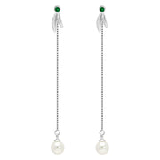 Buddha Stones 925 Sterling Silver Zircon Pearl Bamboo Leaves Protection Drop Earrings