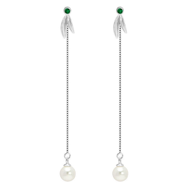 Buddha Stones 925 Sterling Silver Zircon Pearl Bamboo Leaves Protection Drop Earrings