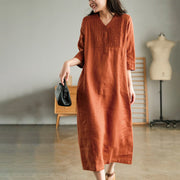 Buddha Stones Casual Plain Accordion Pleats V-neck Half Sleeve Design Linen Midi Dress With Pockets