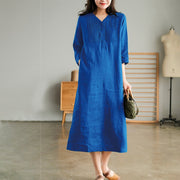 Buddha Stones Casual Plain Accordion Pleats V-neck Half Sleeve Design Linen Midi Dress With Pockets