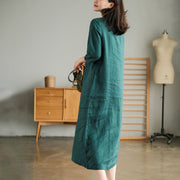 Buddha Stones Casual Plain Accordion Pleats V-neck Half Sleeve Design Linen Midi Dress With Pockets