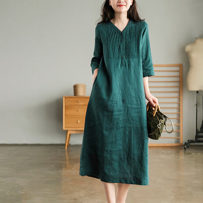 Buddha Stones Casual Plain Accordion Pleats V-neck Half Sleeve Design Midi Dress With Pockets - Teal - US12，UK/AU16，EU44 (3XL) - image 0